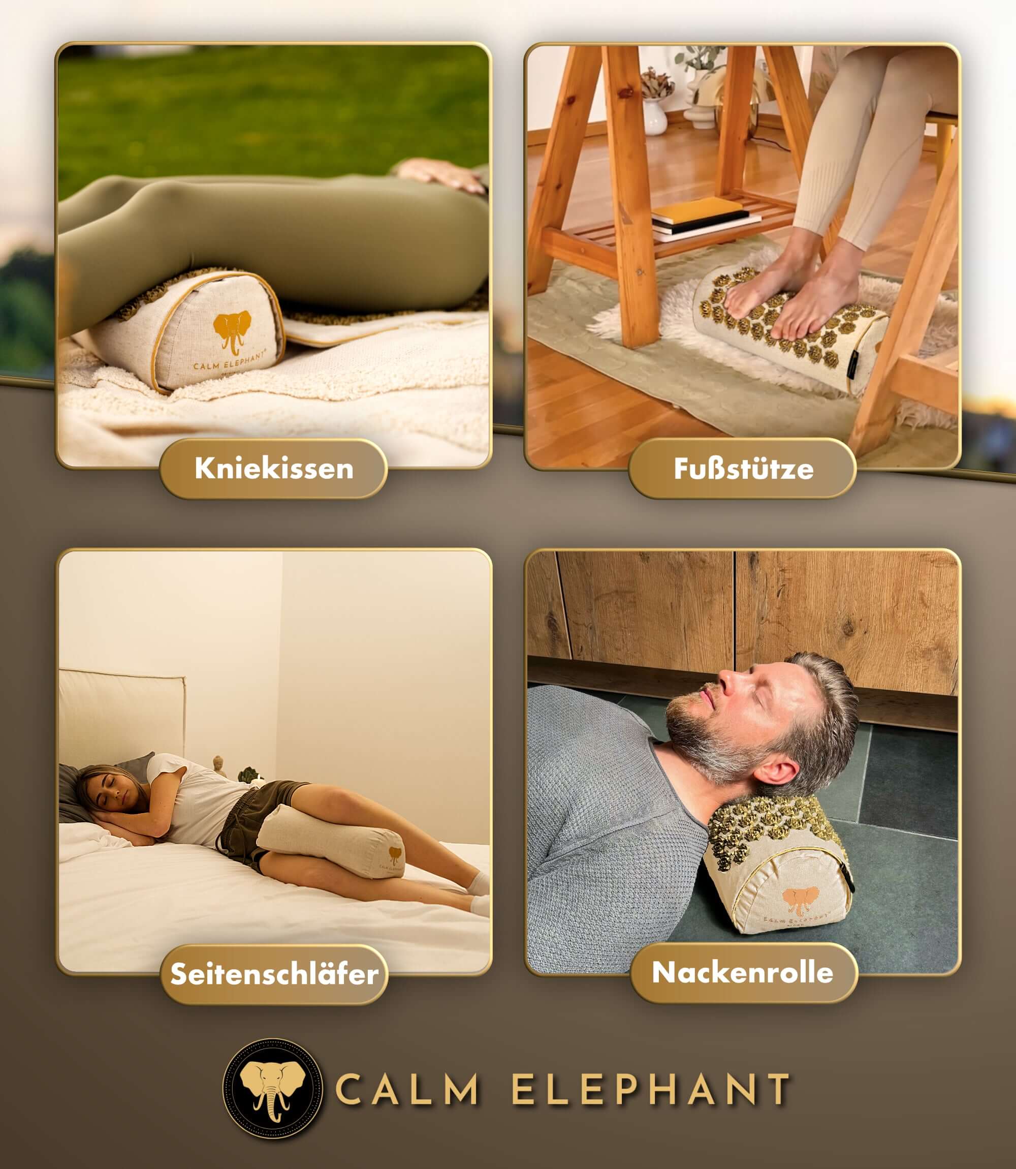 Akupressurkissen 2in1 - beige, CALM ELEPHANT, Einsatzmöglichkeiten für Knieschmerzen, Fußunterstützung, Nackenverspannungen.