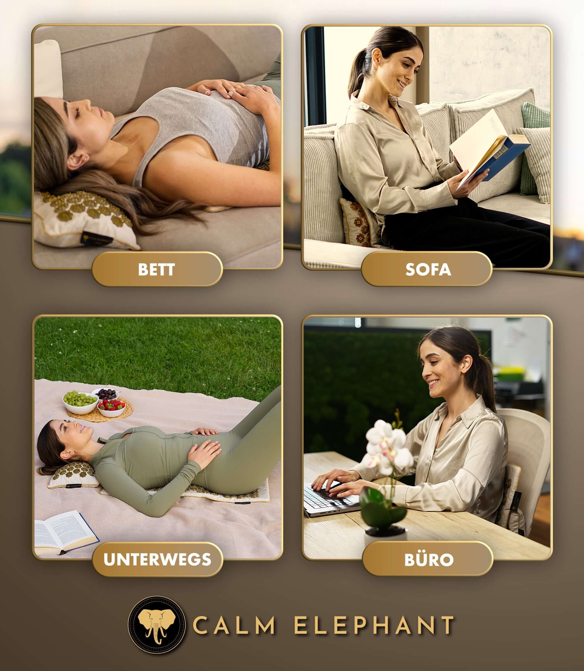 Akupressurmatte | PURE ECO 3er Set - beige in Verwendung auf Bett, Sofa, Unterwegs und im Büro.