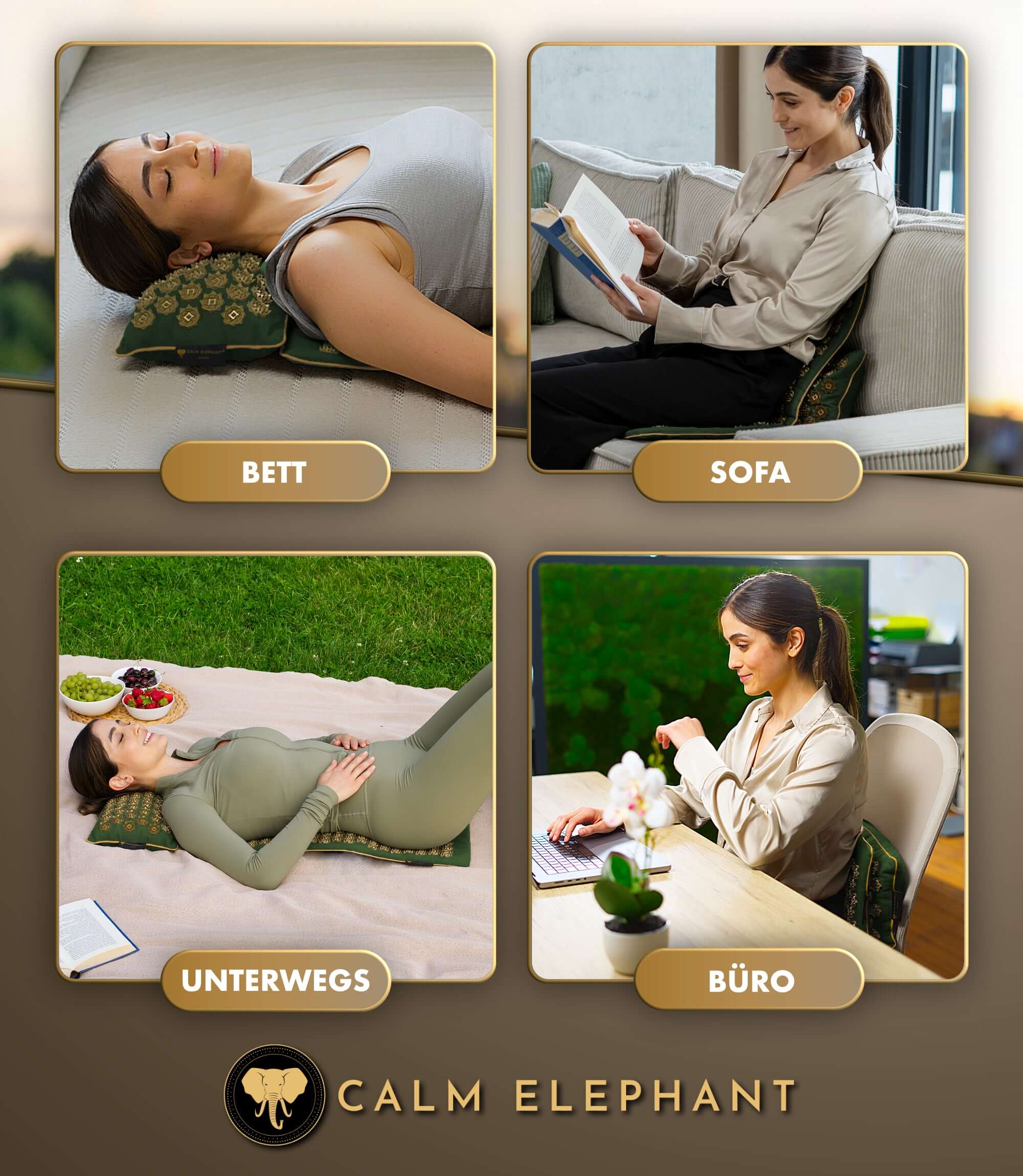 Akupressurmatte | PURE ECO 3er Set - grün in verschiedenen Anwendungen: Bett, Sofa, Unterwegs und Büro