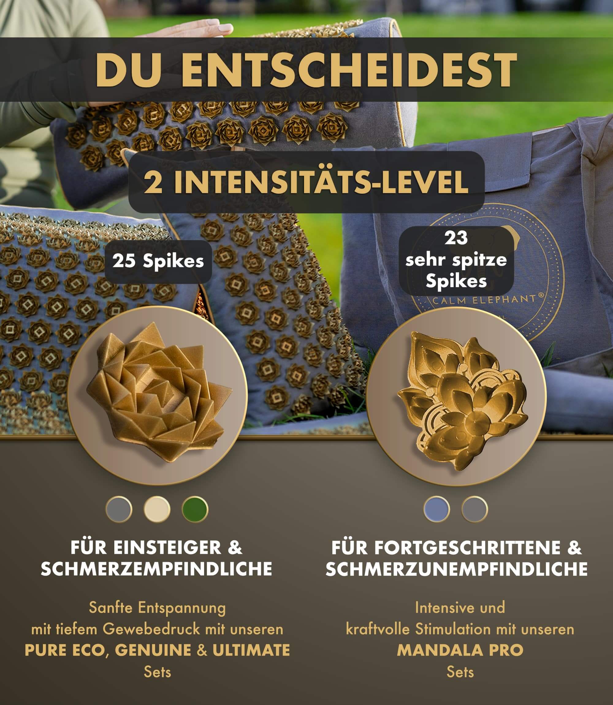 Akupressurmatte | PURE ECO 3er Set - grün mit 25 und 23 Spikes für Einsteiger und Fortgeschrittene von CALM ELEPHANT