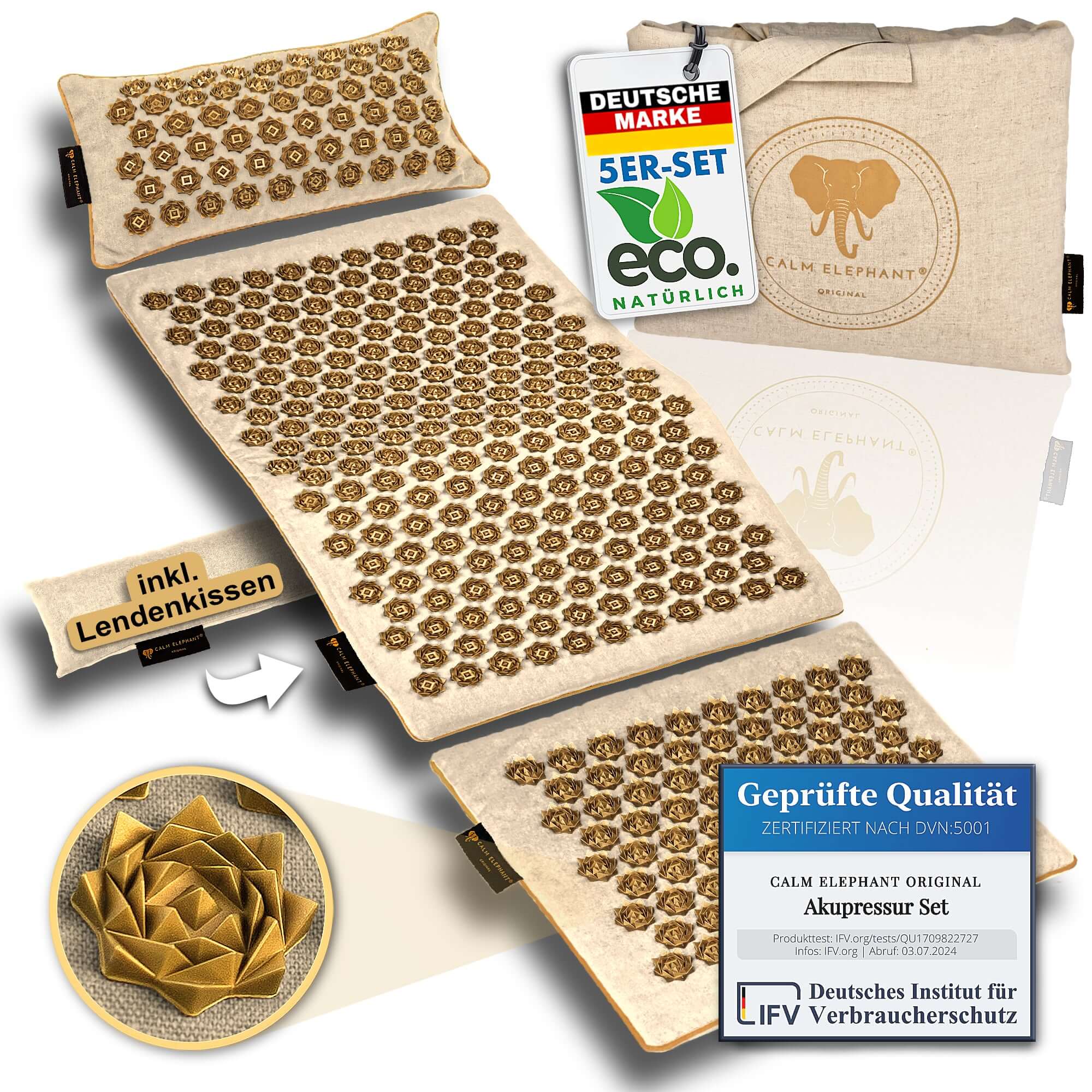 Akupressurmatte | GENUINE 5er Set - beige mit integriertem Lendenkissen und hochwertigen Spikes zur Entspannung.