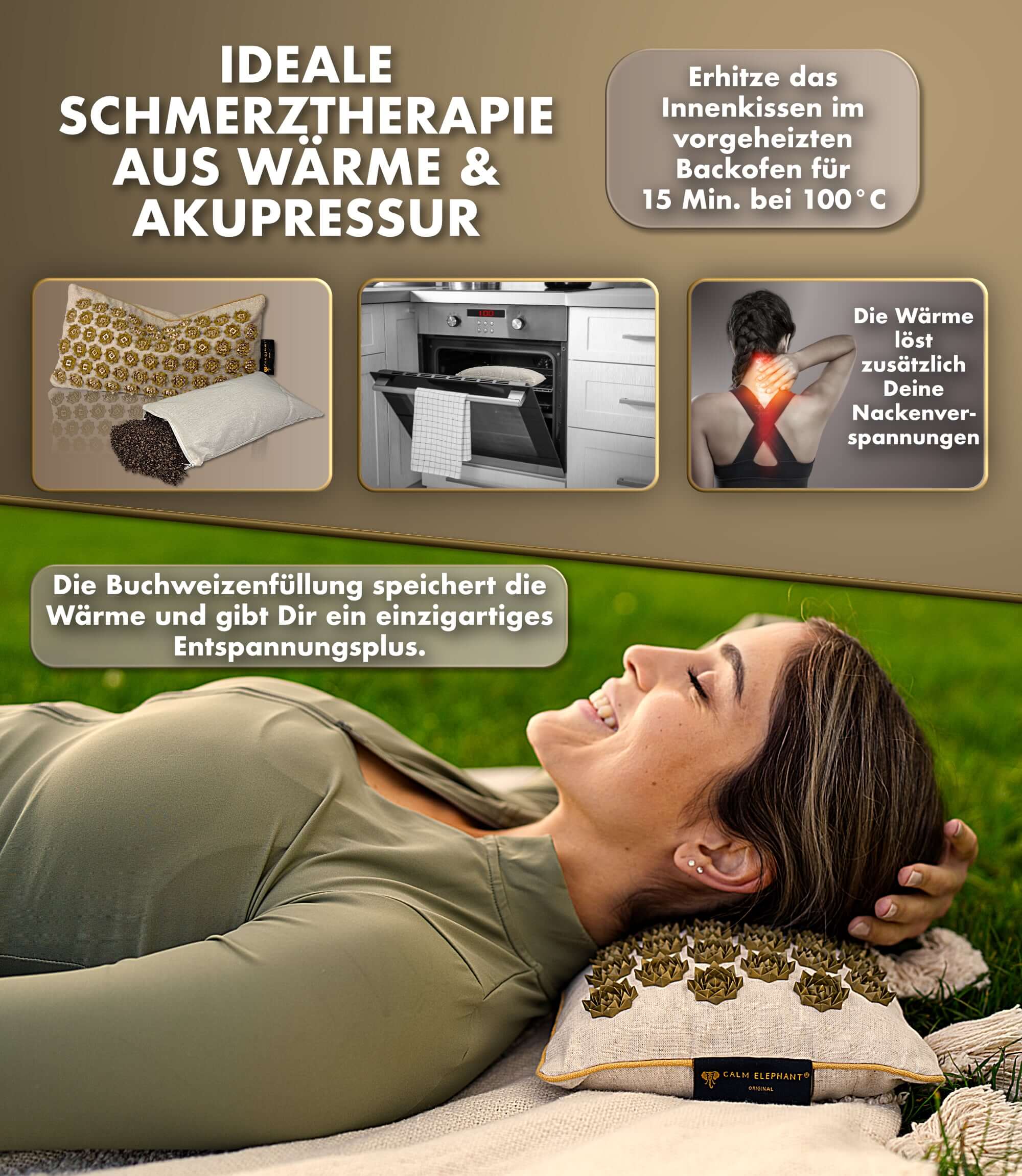 Akupressurmatte | ULTIMATE 6er Set - beige, zeigt Anwendung von Wärme und Akupressur für Schmerzlinderung.
