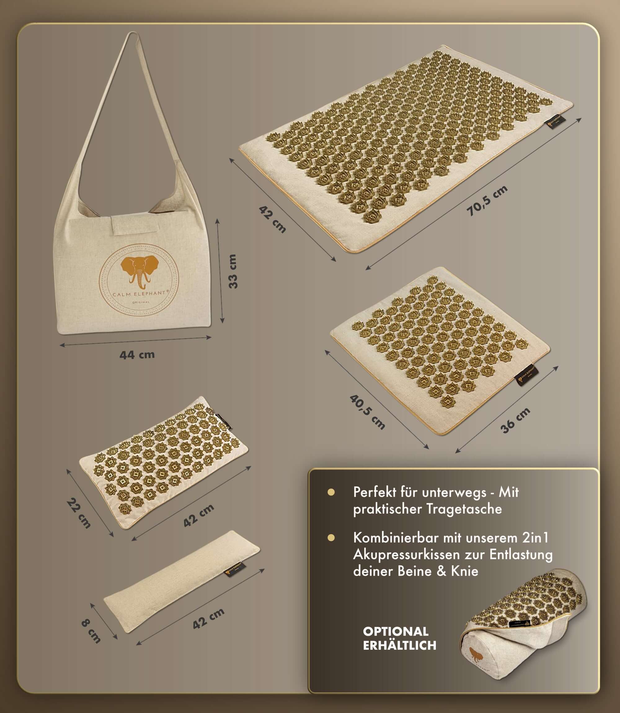 Akupressurmatte | GENUINE 5er Set - beige mit Tragetasche und verschiedenen Größen für optimale Entspannung.