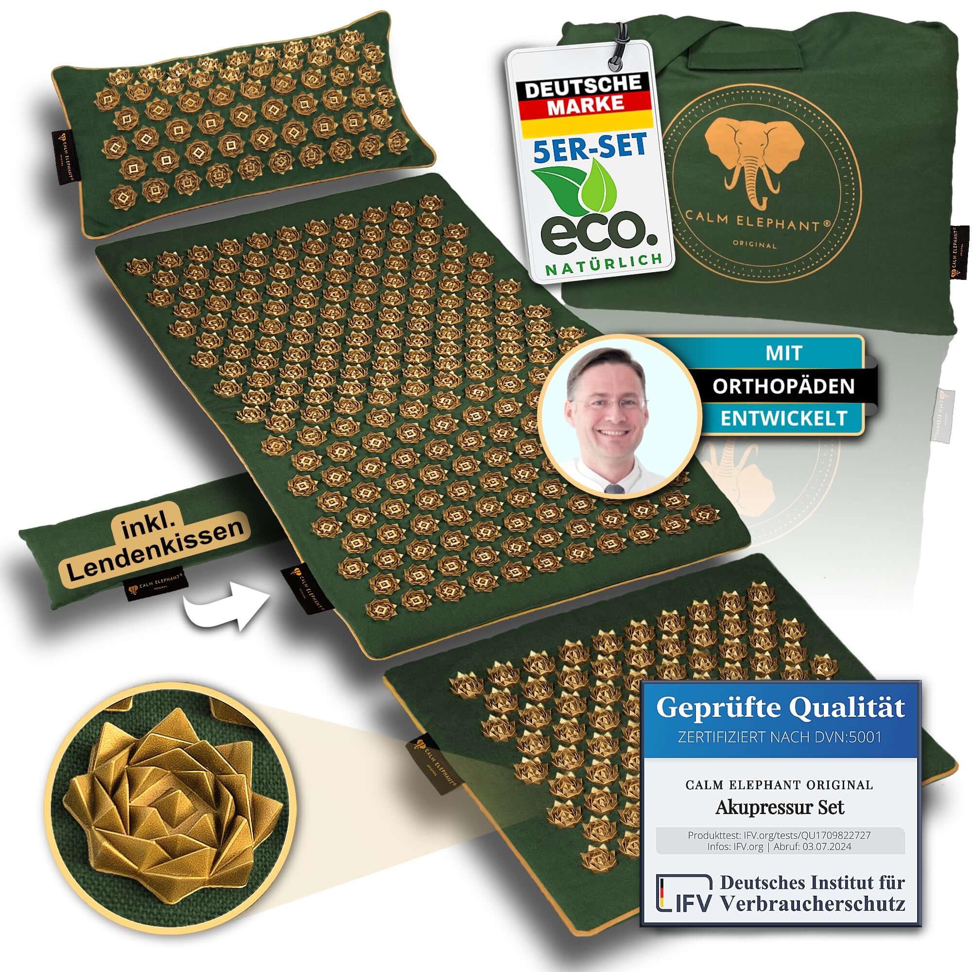 Akupressurmatte | GENUINE 5er Set - grün mit orthopädischem Kissen und geprüfter Qualität für Entspannung und Wohlbefinden.